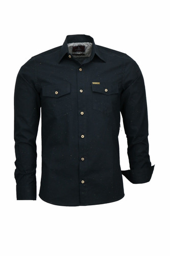 Camisa Safari Manga Longa Slim Algodão Amaciado  Preto 