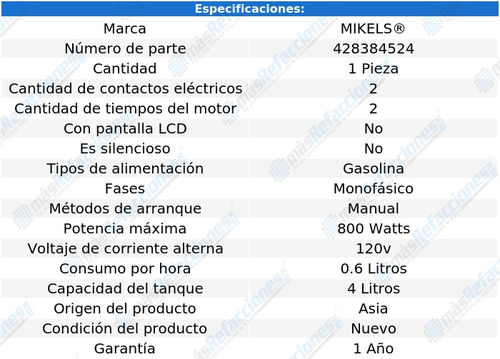 Generador De Corriente Mikels Motor 2 Tiempos 800 W, 2hp