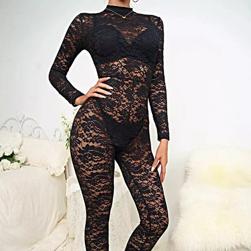 Conjunto De Pijama Sexy, Mono De Encaje Transparente Con