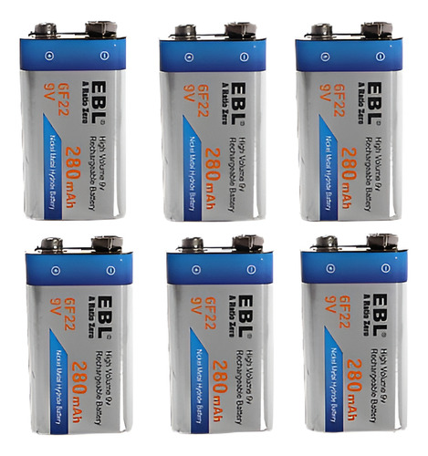 6pcs Ebl 280mah 9 V 9 V 6f22 Batería Recargable Ni-mh Las Pi