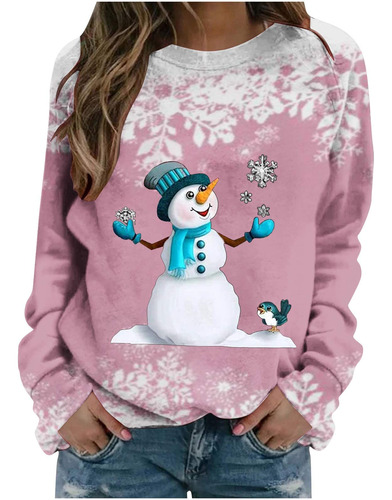 Tops Navideño Para Mujer Otoño Casual Muñeco Nieve Grafico