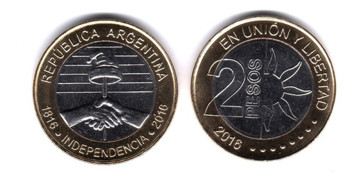 Moneda Argentina 2 Pesos 2016 Bicentenario Indendencia Unc