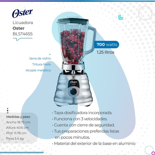 Licuadora Oster 3 Velocidades Silver Blst4655