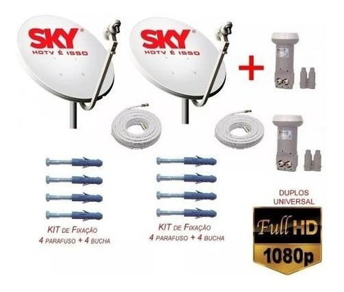 Duas Antenas Kit Ku Satélite 2lnb Duplo Universal,40mts Cabo