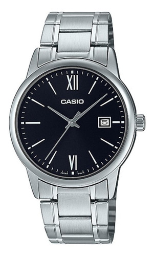 Reloj pulsera Casio Enticer MTP-V002 de cuerpo color gris, analógico, para hombre, fondo negro, con correa de acero inoxidable color gris, agujas color gris oscuro, dial gris, minutero/segundero gris, bisel color gris y desplegable