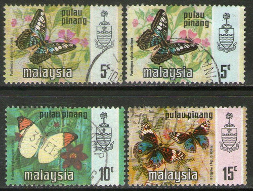 Malasia Estado Pinang 4 Sellos Mariposas = Escudo Años 1971+