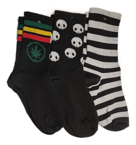 3 Pares De Calcetas Mota Con Lineas Calaveritas Lineas B Y N