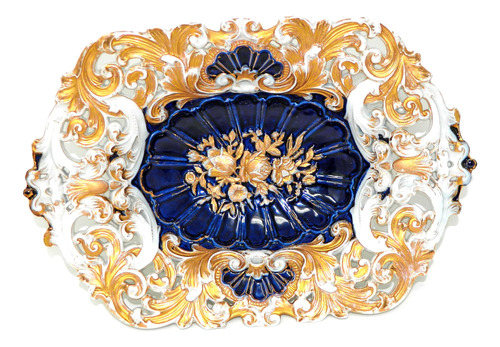 Antiguo Plato Porcelana Meissen Oval Azul Dorado Blanco 