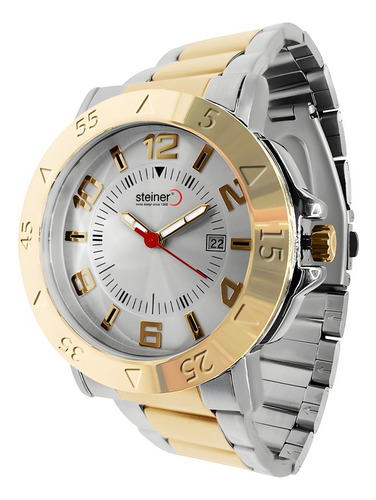 Reloj De Hombre Steiner Con Bisel Giratorio Y Fechador 3 Atm Correa Plateado Bisel Dorado Fondo Plateado