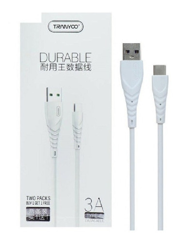 Pack X 2 Cable Usb Tipo C Datos Carga Rápida 3 Amper 1 Metro Color Blanco