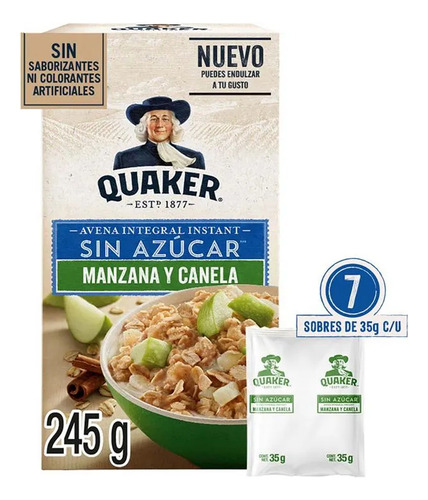 Avena Integral Quaker Sin Azúcar Manzana Y Canela 245 G