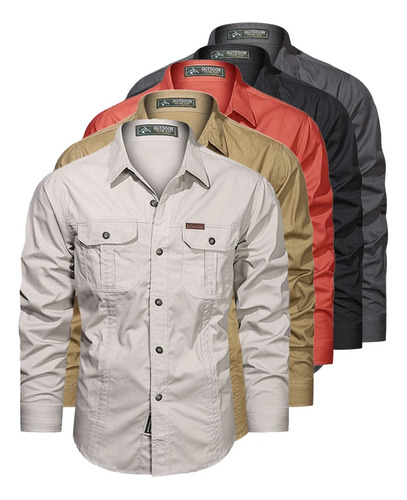Camisa Militar De Manga Larga Con MĂșltiples Bolsillos Camisa