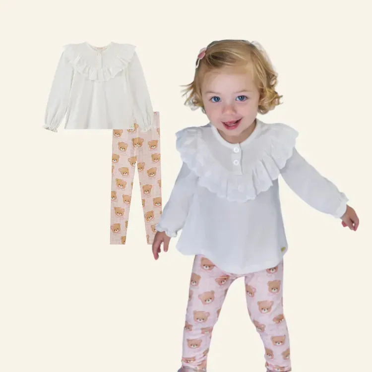 Conjunto Bebê Bata Calça Legging Ursinho Rosa Kukiê Rosa G