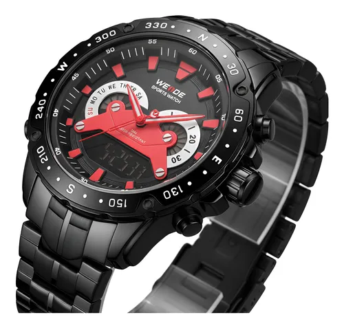 Relógio Weide Masculino WH8501B AnaDigi Preto e Vermelho Aço Cronômetro Resistente à Água
