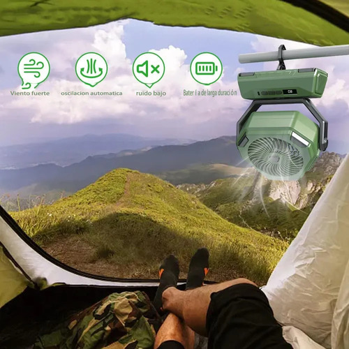 Ventilador De Camping Portátil Recargable Con Luz Led Y Ganc Verde