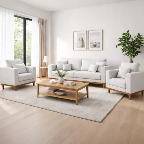 Kit 2 Poltronas Living + Sofá 3 Lugares Base Madeira Linho