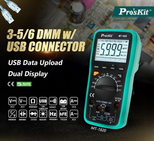 Imagen 2 de 8 de Tester Multimetro Digital Mt1820 Proskit Conexion Pc Usb