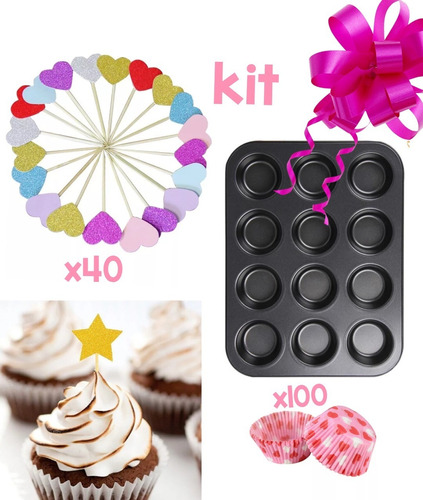 Kit Muffin Cupkakes Fuente Hornear + Canastita  + Pinchos 