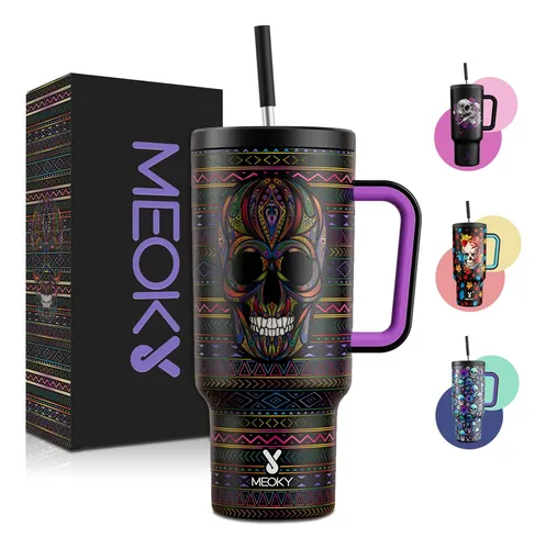 Meoky Copo Térmico 1200ml Caveiras Com Tampa  E Canudo