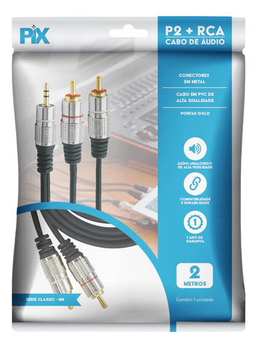 Cabo Auxiliar P2 Estereo X 2rca Blindado Profissional 2m
