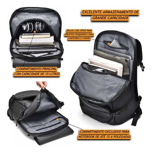 Mochila Masculina Executiva Impermeável Notebook 15,6 Polegadas 2 Em 1 Com Bolsa Transversal Removível Multiuso Faculdade Escola Cor Preto