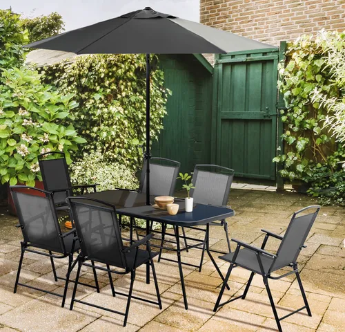 Set Patio Jardin Mesa Sillas Plegables Negro Sombrilla