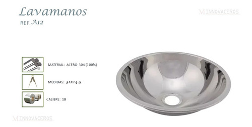 Imagen 2 de 2 de Lavamanos De Baño En Acero304 Redondo 31cm Innovaceros