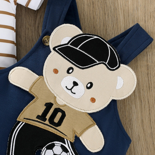 Conjunto Tierno Bebé Con Overol Y Estampado De Osito Y Rayas Azul 3-6 M