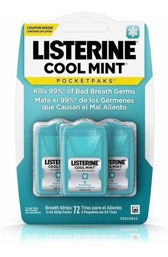 Listerine Cool Mint Pocketpaks. 72 Tiras. 3 Packs De 24.  