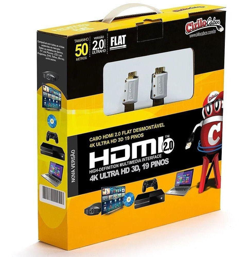 Cabo Hdmi 2.0 Flat Desmontável 19 Pinos, 4k, Ultra Hd, 3d 50