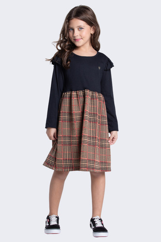 Vestido Infantil Jacquard Xadrez Com Babadinhos