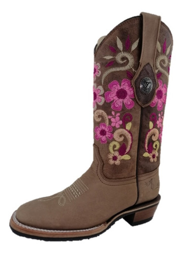 Bota Vaquera Rodeo Dama Piel Tombstone Col Tang Bordada Flor