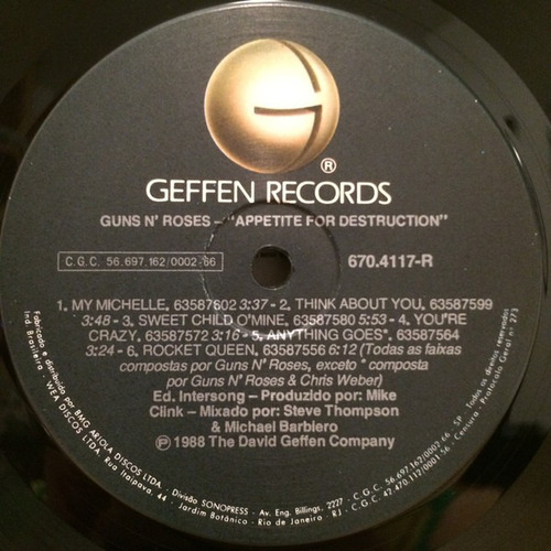Imagem 4 de 7 de Lp Vinil (nm) Guns N' Roses Appetite For Destruction 1987 Br
