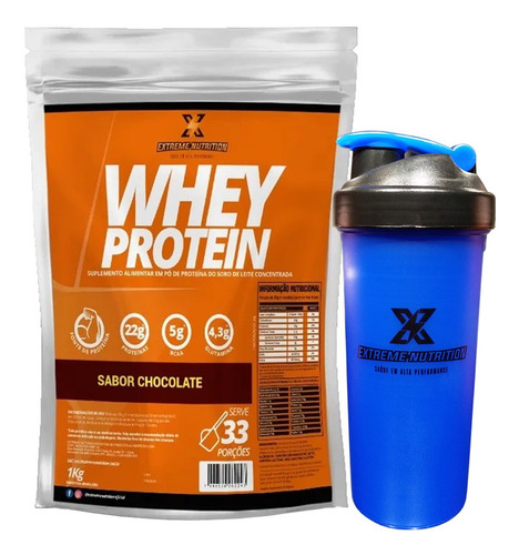 Imagem 1 de 1 de Kit Whey Protein Chocolate 1kg Mais Coqueteleira Azul 700ml