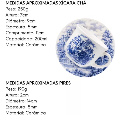 Jogo de Xícaras de Chá Azul Royal Porcelana Oxford 200ml 6