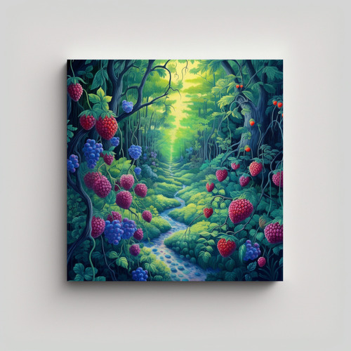 50x50cm Cuadro Fantasía Bosque De Frambuesa Azul Flores