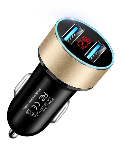 Cargador De Coche Led Display Voltímetro Dual Usb Cargador D