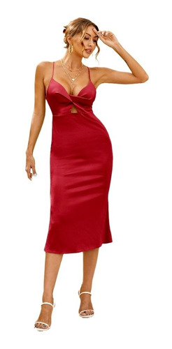 Vestido Midi Lencero Satén Rojo/vino Sexy Elegante