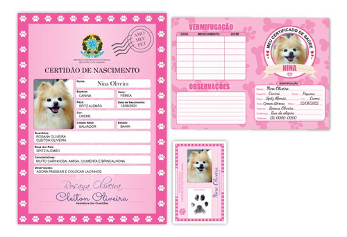 Certidão De Nascimento Pet + Rg Pet E Cartão De Vacina Pet
