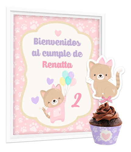 Kit Imprimible Gatita Moño Rosa Decoración + Candybar Nenas