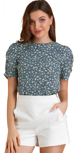 Blusa Floral Mujer Camisa Fruncida Tops Con Cuello Redondo