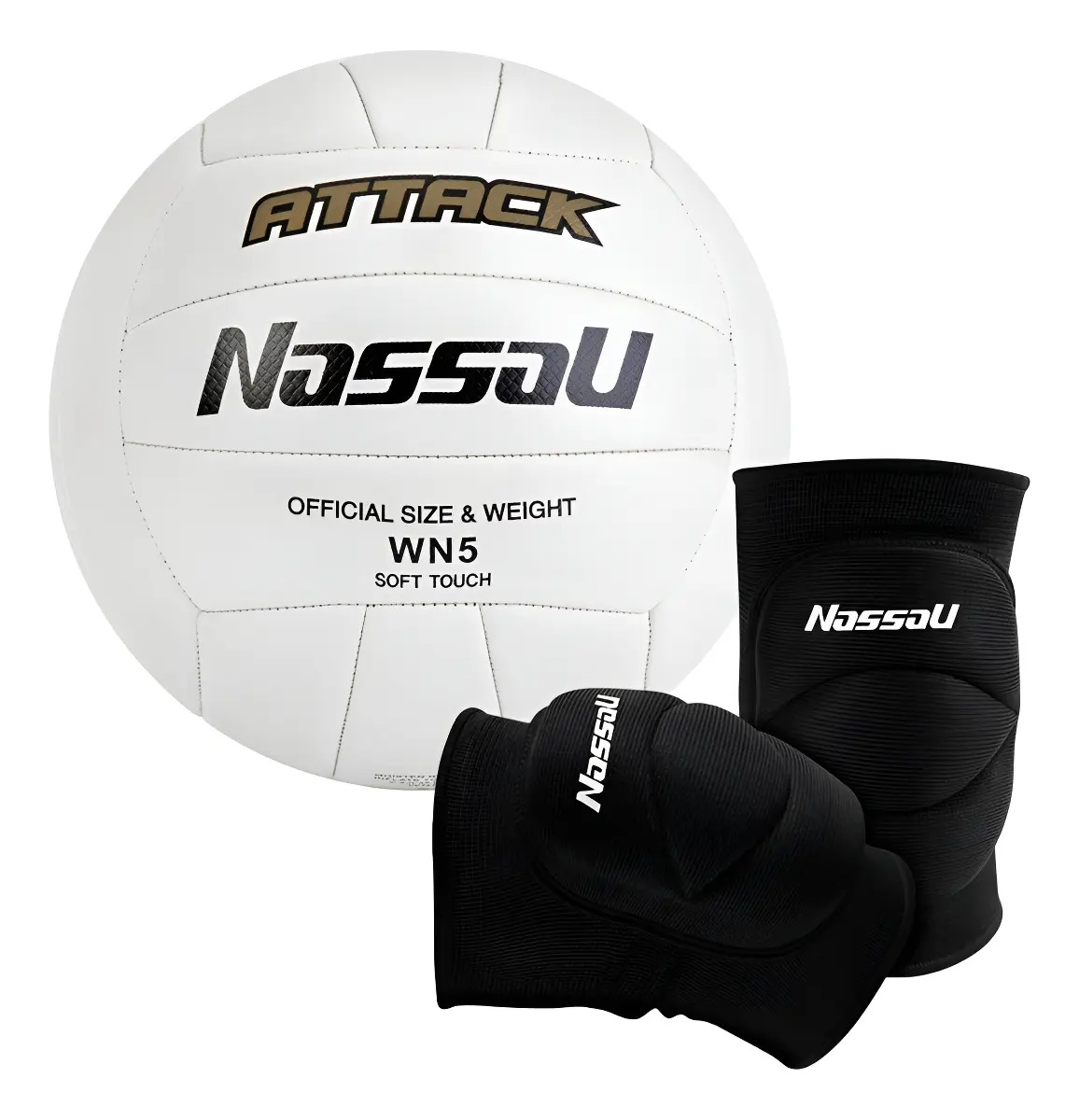 Pack Voley Nassau Profesional con Pelota Blanca y Rodilleras Negras Talle M