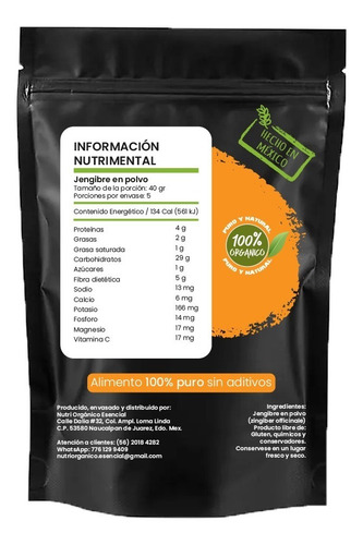 Jengibre 100% Orgánico Premium En Polvo 200 Gr
