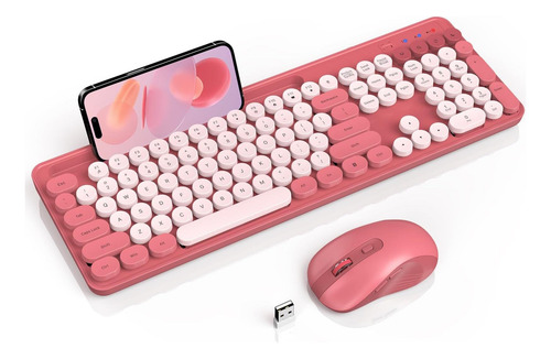 Combo De Teclado Y Mouse Inalámbricos, Teclado Retro Redondo Rosa.