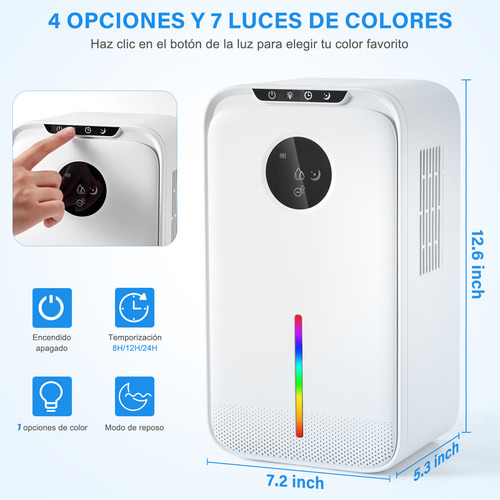 Deshumidificador Electrico Con Tanque De 2.5l Y Led 7 Colors,potente, Eficiente Y Silencioso Mini Deshumidificador Portátil Con Luz Ambiental De Color Para El Hogar, La Oficina O La Oficina