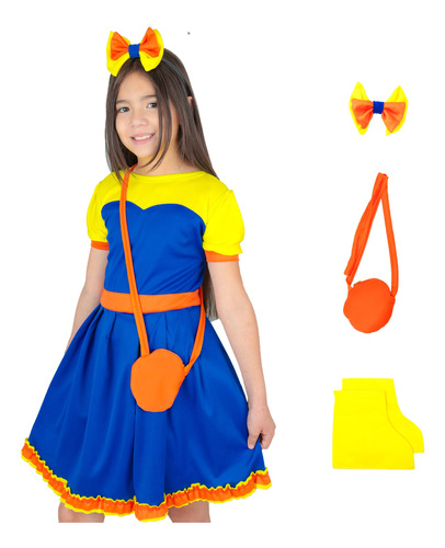 Disfraz Bely Con Moño Y Cubrebota, Vestido Nuevo Beto Para Niña Cumpleaños Azul Y Amarillo Show Fabuloso Party Halloween