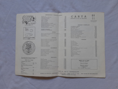 Antiguo Carta Menu Casa Sobrino De Botin, España (Usado)