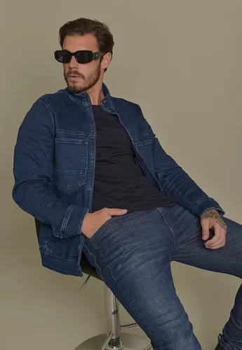 Jaqueta Jeans Biker Masculina Gola Alta Com Bolsos E Ziper