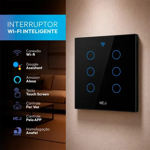 Interruptor Smart Wifi Alexa Google 6 Botões Touch Preto Bivolt