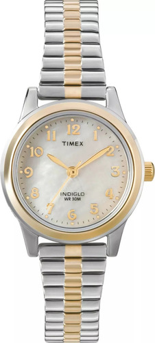 Reloj Timex T2m828 Mujer Plateado - Dorado Correa Expandible Fondo Blanco